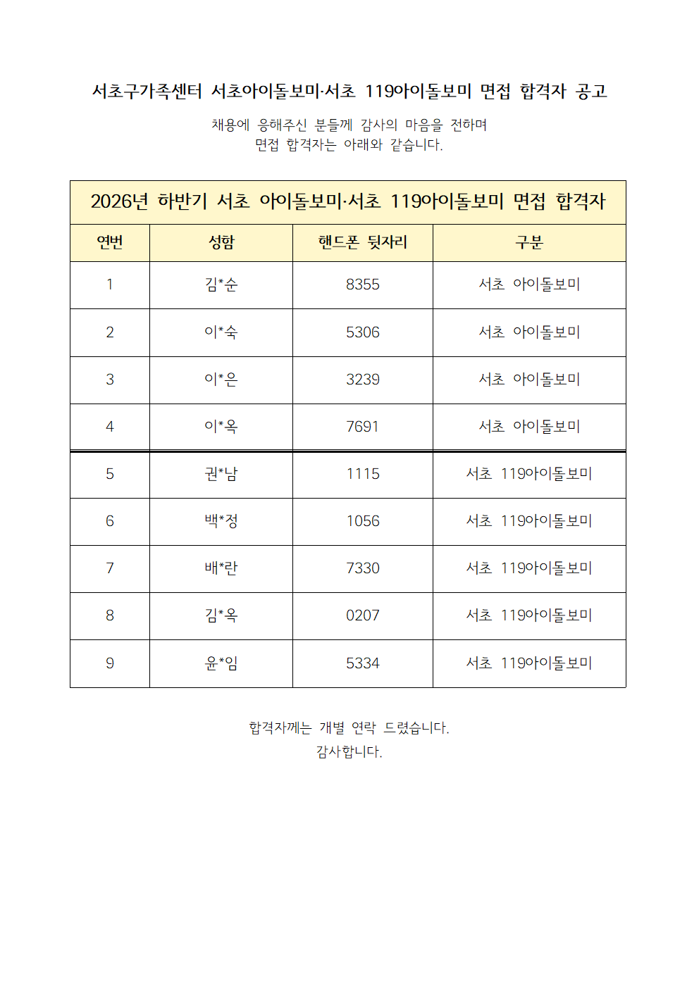 2026년 서초 아이돌보미·서초 119아이돌보미 채용 면접 합격자1001.png